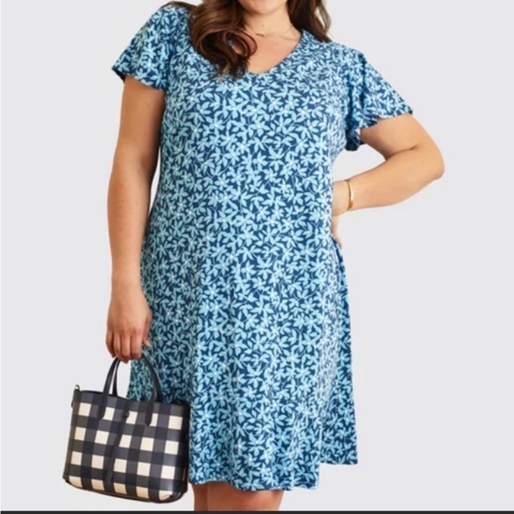 Draper James Grotto V Neck Flutter Sleeve Floral Dress in Blue‎ Size 3X - Picture 1 of 8